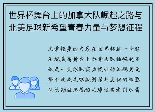 世界杯舞台上的加拿大队崛起之路与北美足球新希望青春力量与梦想征程